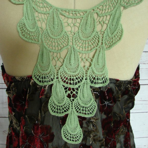 Floral Velvet Burn Out Burgundy Green Lace Dress L - Picture 9 of 16